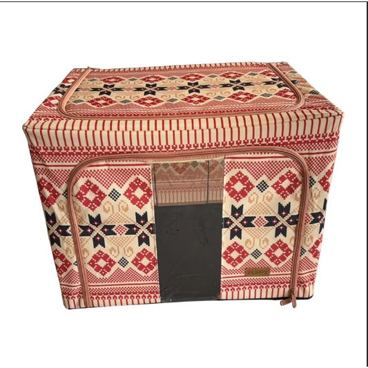 Cutie de Depozitare Pliabila, Flippy,100 L din Bumbac si In, 60X42X40 cm, Fereastra Frontala, 2 Usi de Acces cu Fermoar Bidirectional, Cadru Metalic, Suport Baza Stabil din Plastic, Motiv Traditonal Model 1-0