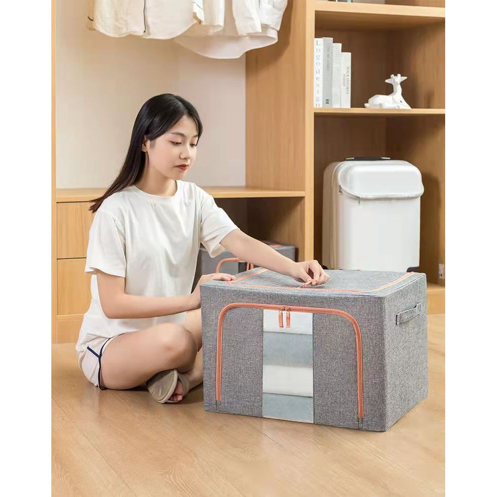 Cutie de Depozitare Pliabila, Flippy, 24 L, din Bumbac si In, 40x30x20 cm, Fereastra Frontala, 2 Usi de Acces cu Fermoar Bidirectional, Cadru Metalic, Suport Baza Stabil din Plastic, Gri-9