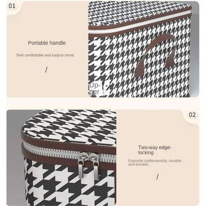 Cutie de Depozitare Pliabila, Flippy, 55x35x25 cm, 50 L, Fereastra Frontala, cu Fermoar Bidirectional, Cadru Metalic, Suport Baza Stabil, Imprimeu in Carouri, Alb/Negru-1