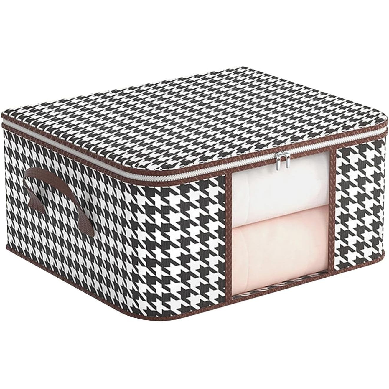 Cutie de Depozitare Pliabila, Flippy, 55x35x25 cm, 50 L, Fereastra Frontala, cu Fermoar Bidirectional, Cadru Metalic, Suport Baza Stabil, Imprimeu in Carouri, Alb/Negru-0