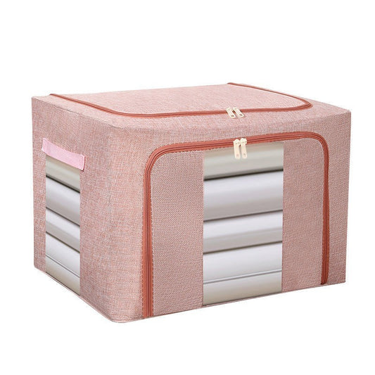 Cutie de Depozitare Pliabila, Flippy, 66 L, din Bumbac si In, 50x40x33 cm, 2 Ferestre, Frontala si Laterala, 2 Usi de Acces cu Fermoar Bidirectional, Cadru Metalic, Suport Baza Stabil din Plastic, Roz Pudrat-0