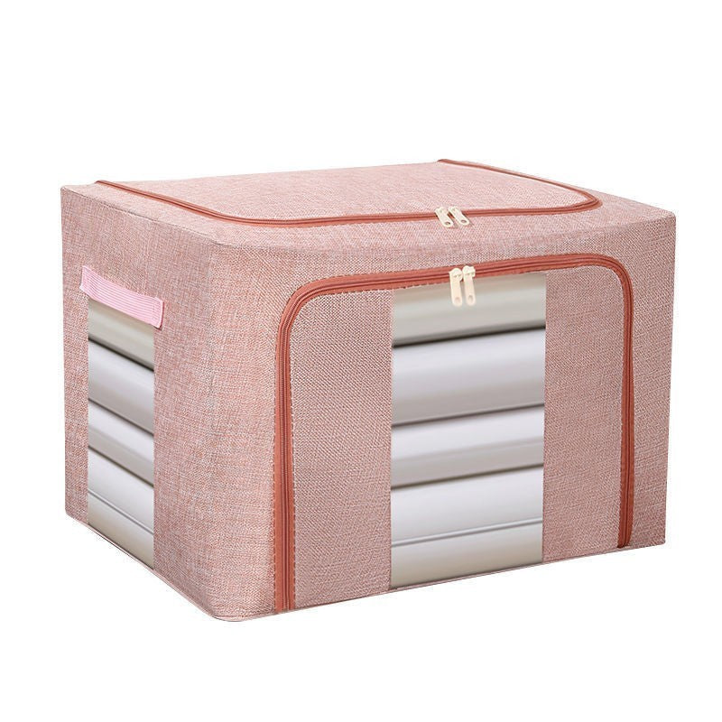 Cutie de Depozitare Pliabila, Flippy, 66 L, din Bumbac si In, 50x40x33 cm, 2 Ferestre, Frontala si Laterala, 2 Usi de Acces cu Fermoar Bidirectional, Cadru Metalic, Suport Baza Stabil din Plastic, Roz Pudrat-0