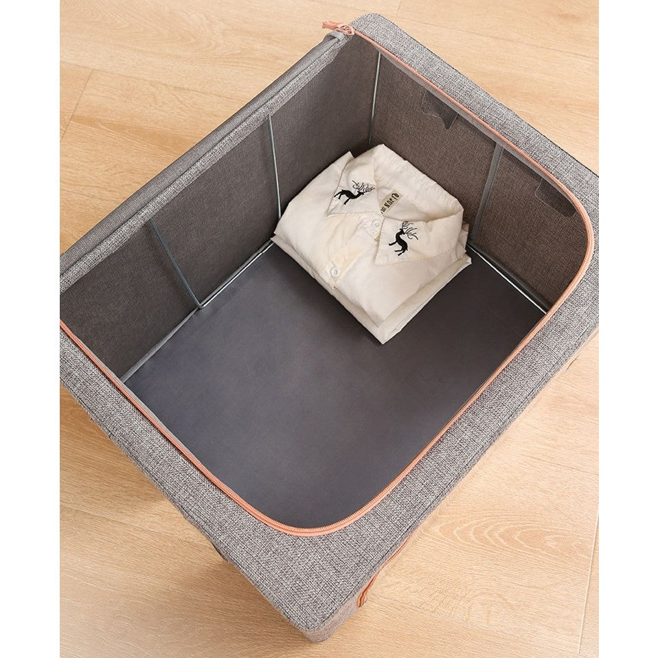 Cutie de Depozitare Pliabila, Flippy, 66 L, din Bumbac si In, 50x40x33 cm, Fereastra Frontala, 2 Usi de Acces cu Fermoar Bidirectional, Cadru Metalic, Suport Baza Stabil din Plastic, Gri-9