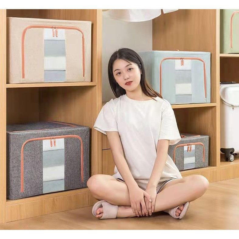 Cutie de Depozitare Pliabila, Flippy, 66 L, din Bumbac si In, 50x40x33 cm, Fereastra Frontala, 2 Usi de Acces cu Fermoar Bidirectional, Cadru Metalic, Suport Baza Stabil din Plastic, Gri-10