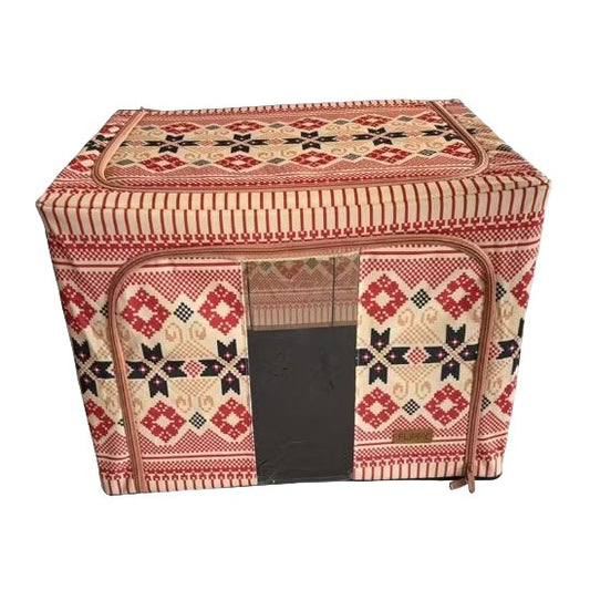 Cutie de Depozitare Pliabila, Flippy,66 L din Bumbac si In, 52*42*39 cm, Fereastra Frontala, 2 Usi de Acces cu Fermoar Bidirectional, Cadru Metalic, Suport Baza Stabil din Plastic, Motiv Traditonal Model 5-0