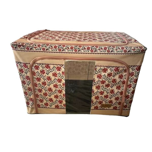 Cutie de Depozitare Pliabila, Flippy, 66 L din Bumbac si In, 52X42X39 52cm, Fereastra Frontala, 2 Usi de Acces cu Fermoar Bidirectional, Cadru Metalic, Suport Baza Stabil din Plastic, Motiv Traditonal Model 7-0