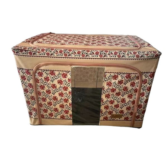 Cutie de Depozitare Pliabila, Flippy, 66 L din Bumbac si In, 52X42X39 52cm, Fereastra Frontala, 2 Usi de Acces cu Fermoar Bidirectional, Cadru Metalic, Suport Baza Stabil din Plastic, Motiv Traditonal Model 7-0