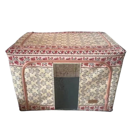 Cutie de Depozitare Pliabila, Flippy,66L din Bumbac si In, 52*42*39 cm, Fereastra Frontala, 2 Usi de Acces cu Fermoar Bidirectional, Cadru Metalic, Suport Baza Stabil din Plastic, Motiv Traditonal Model 6-0