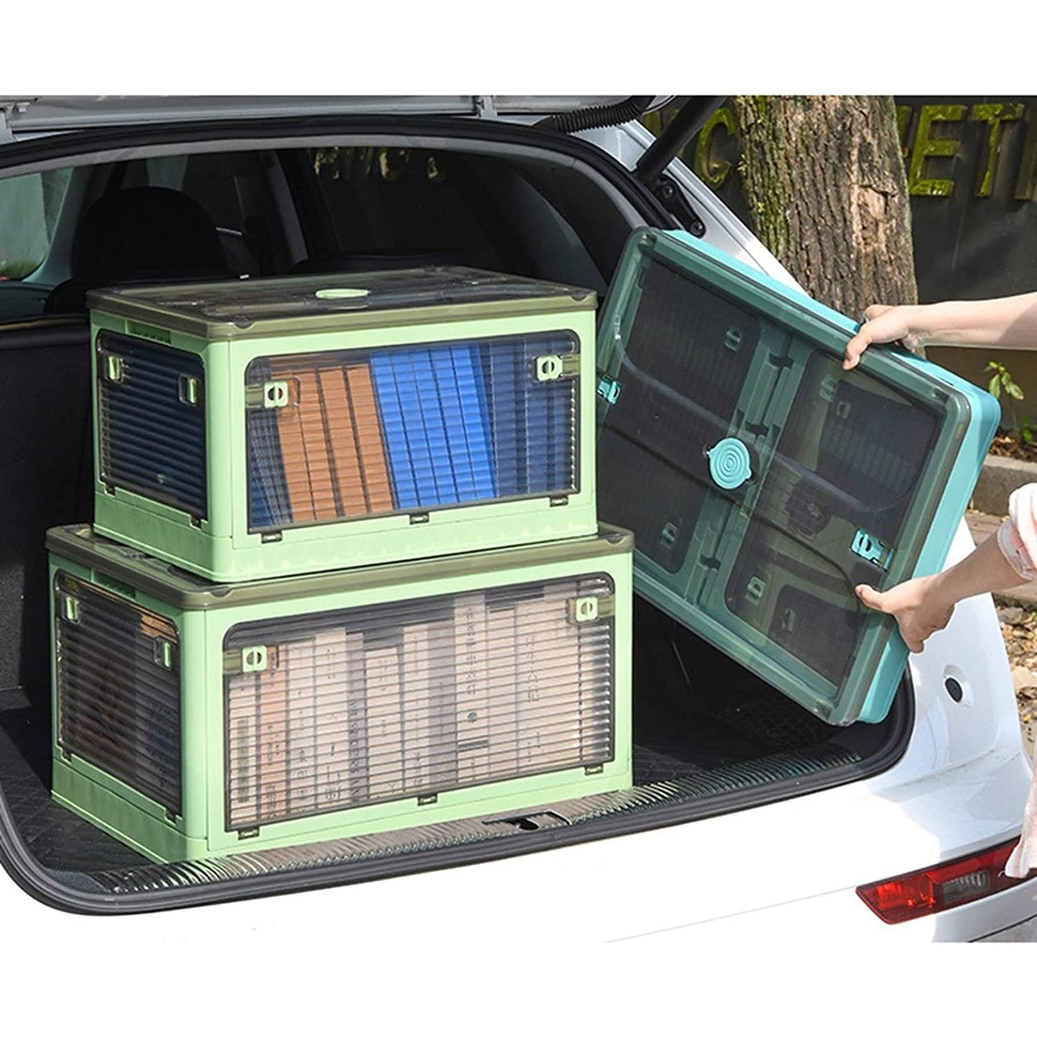 Cutie de depozitare pliabila, Flippy, Cu capac, 85 L, Plastic, 60x42x34 cm, Albastru-1