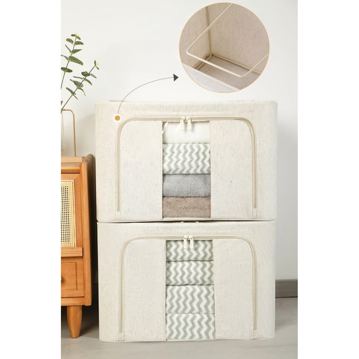 Cutie de Depozitare Pliabila, Flippy, Cu Fereastra si Fermoar Dublu, 66 L, Textil Premium, 50x40x33 cm, Cadru Metalic, Impermeabila, Alb Texturat-1