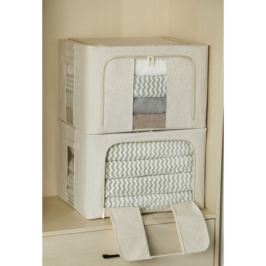 Cutie de Depozitare Pliabila, Flippy, Cu Fereastra si Fermoar Dublu, 66 L, Textil Premium, 50x40x33 cm, Cadru Metalic, Impermeabila, Alb Texturat-2