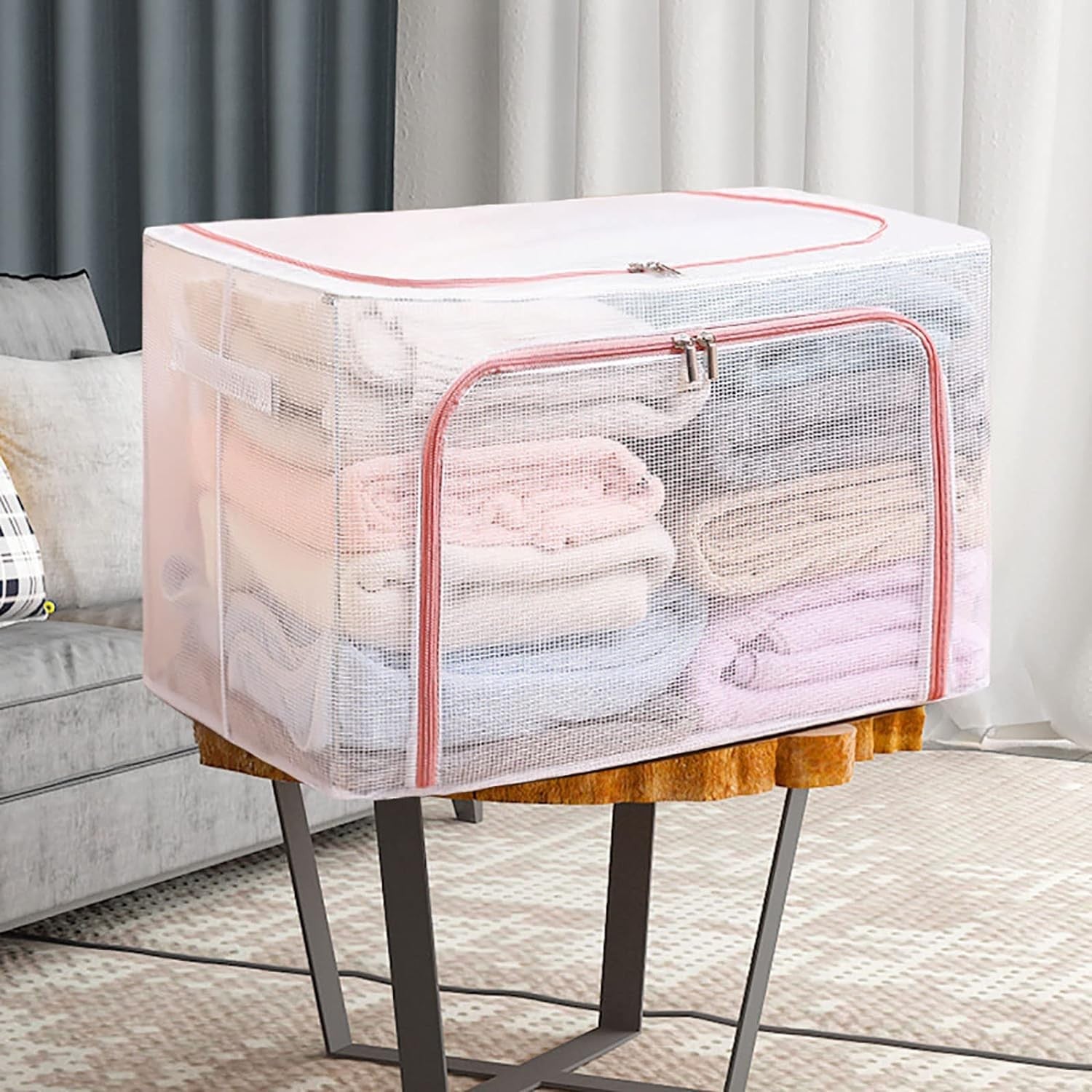 Cutie de Depozitare Pliabila, Flippy, Cu Fereastra si Fermoar Dublu Rosu, 66 L, Textil, 50x40x33 cm, Cadru Metalic, Impermeabila, Transparent-4