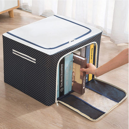 Cutie de Depozitare Pliabila, Flippy, Cu Fermoar, 100 L, Textil, 60x42x40 cm, Albastru Marin, Cadru Metalic, Suport Baza Stabil din Plastic, Imprimeu buline-3
