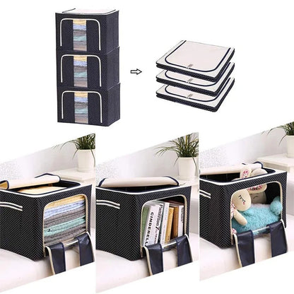 Cutie de Depozitare Pliabila, Flippy, Cu Fermoar, 100 L, Textil, 60x42x40 cm, Albastru Marin, Cadru Metalic, Suport Baza Stabil din Plastic, Imprimeu buline-6