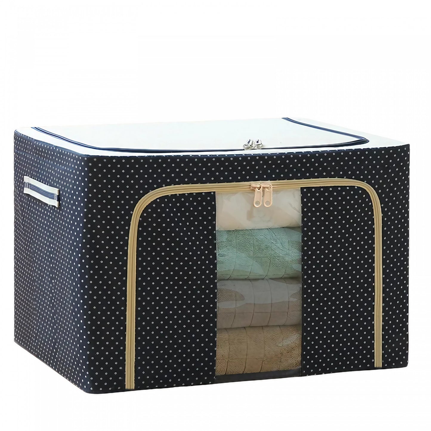 Cutie de Depozitare Pliabila, Flippy, Cu Fermoar, 100 L, Textil, 60x42x40 cm, Albastru Marin, Cadru Metalic, Suport Baza Stabil din Plastic, Imprimeu buline-9