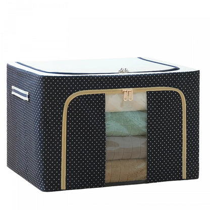 Cutie de Depozitare Pliabila, Flippy, Cu Fermoar, 100 L, Textil, 60x42x40 cm, Albastru Marin, Cadru Metalic, Suport Baza Stabil din Plastic, Imprimeu buline-9