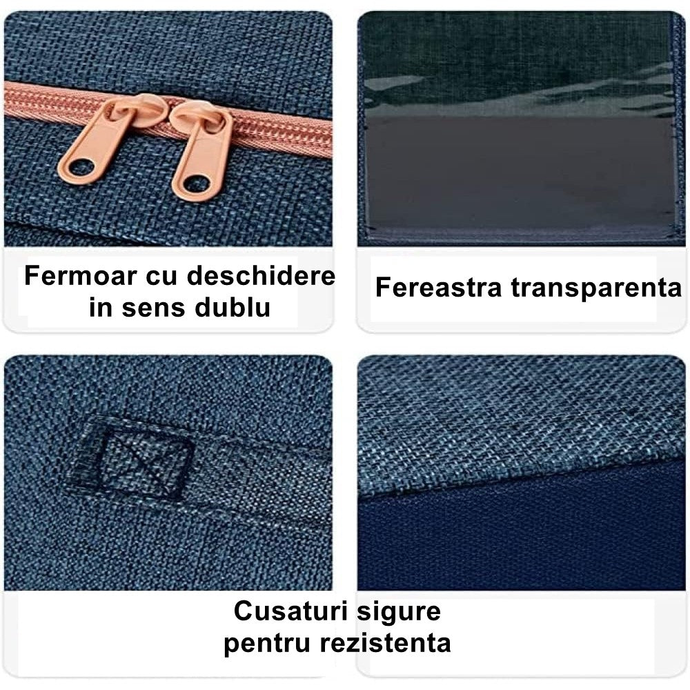 Cutie de Depozitare Pliabila, Flippy, Cu Fermoar, 100 L, Textil, 60x42x40 cm, Cadru Metalic, Suport Baza Stabil din Plastic, Albastru Marin cu Doua Ferestre-1