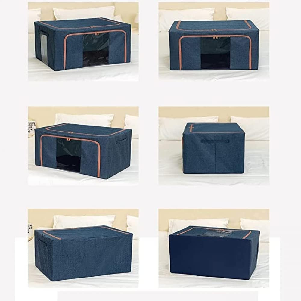 Cutie de Depozitare Pliabila, Flippy, Cu Fermoar, 100 L, Textil, 60x42x40 cm, Cadru Metalic, Suport Baza Stabil din Plastic, Albastru Marin cu Doua Ferestre-3