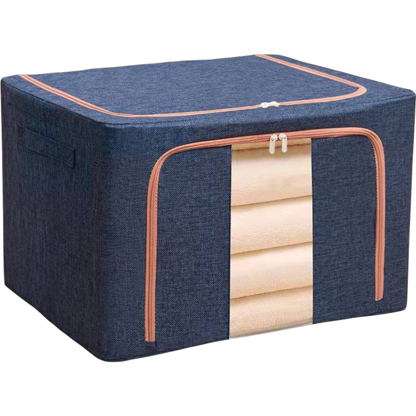 Cutie de depozitare pliabila, Flippy, Cu fermoar, 100 L, Textil, 60x42x40 cm, Cadru Metalic, Suport Baza Stabil din Plastic, Albastru Marin-0