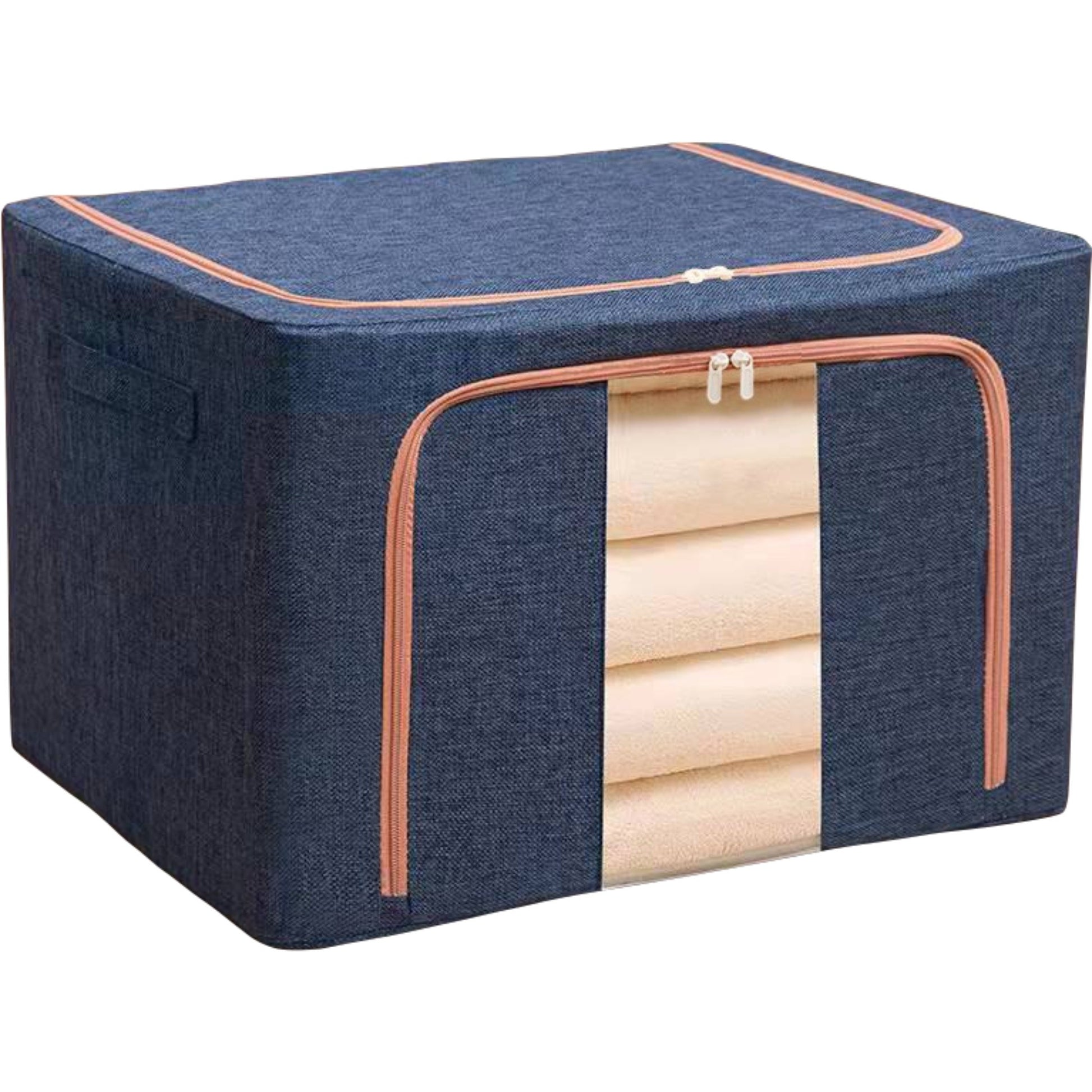 Cutie de depozitare pliabila, Flippy, Cu fermoar, 100 L, Textil, 60x42x40 cm, Cadru Metalic, Suport Baza Stabil din Plastic, Albastru Marin-0