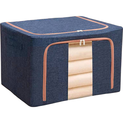 Cutie de depozitare pliabila, Flippy, Cu fermoar, 100 L, Textil, 60x42x40 cm, Cadru Metalic, Suport Baza Stabil din Plastic, Albastru Marin-0