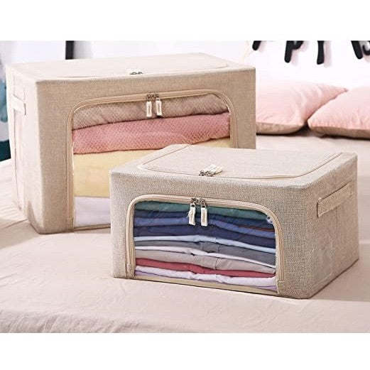 Cutie de depozitare pliabila, Flippy, Cu fermoar, 100 L, Textil, 60x42x40 cm, Cadru Metalic, Suport Baza Stabil din Plastic, Crem cu Doua Ferestre-1