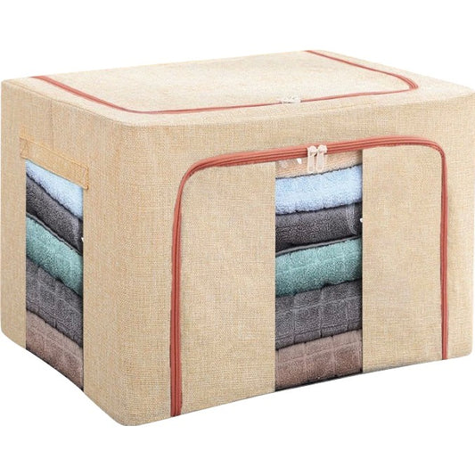 Cutie de depozitare pliabila, Flippy, Cu fermoar, 100 L, Textil, 60x42x40 cm, Cadru Metalic, Suport Baza Stabil din Plastic, Crem cu Doua Ferestre-0