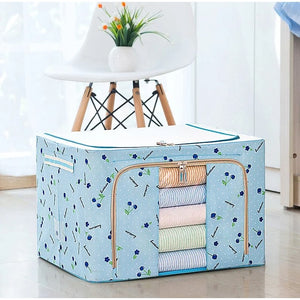 Cutie de Depozitare Pliabila, Flippy, 100 L, din Tesatura Oxford, 60x42x40 cm, Fereastra Frontala, 2 Usi de Acces cu Fermoar Bidirectional, Cadru Metalic, Suport Baza Stabil din Plastic, Imprimeu Cirese, Albastru-0