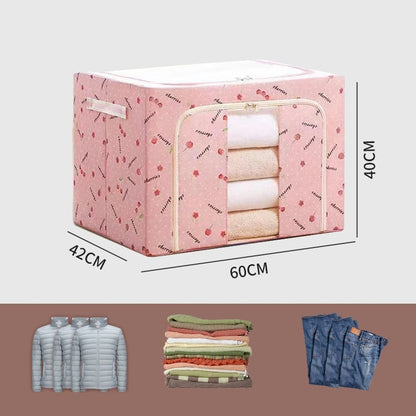 Cutie de Depozitare Pliabila, Flippy, Cu Fermoar, 100 L, Textil, 60x42x40 cm, cu Fereastra, Cadru Metalic, Suport Baza Stabil din Plastic, Imprimeu Cirese, Roz-1