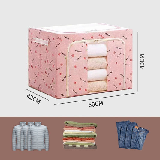 Cutie de Depozitare Pliabila, Flippy, Cu Fermoar, 100 L, Textil, 60x42x40 cm, cu Fereastra, Cadru Metalic, Suport Baza Stabil din Plastic, Imprimeu Cirese, Roz-1