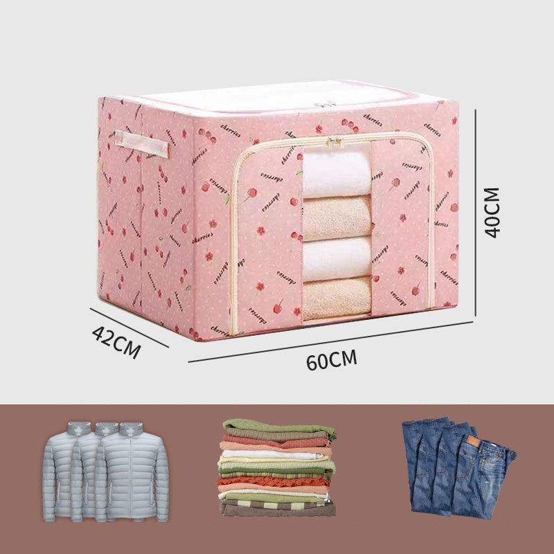 Cutie de Depozitare Pliabila, Flippy, Cu Fermoar, 100 L, Textil, 60x42x40 cm, cu Fereastra, Cadru Metalic, Suport Baza Stabil din Plastic, Imprimeu Cirese, Roz-1