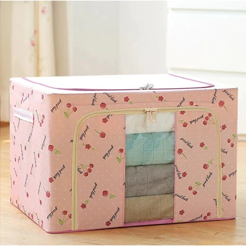 Cutie de Depozitare Pliabila, Flippy, Cu Fermoar, 100 L, Textil, 60x42x40 cm, cu Fereastra, Cadru Metalic, Suport Baza Stabil din Plastic, Imprimeu Cirese, Roz-2