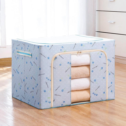 Cutie de Depozitare Pliabila, Flippy, 100 L, din Tesatura Oxford, 60x42x40 cm, Fereastra Frontala, 2 Usi de Acces cu Fermoar Bidirectional, Cadru Metalic, Suport Baza Stabil din Plastic, Imprimeu Cirese, Albastru-1