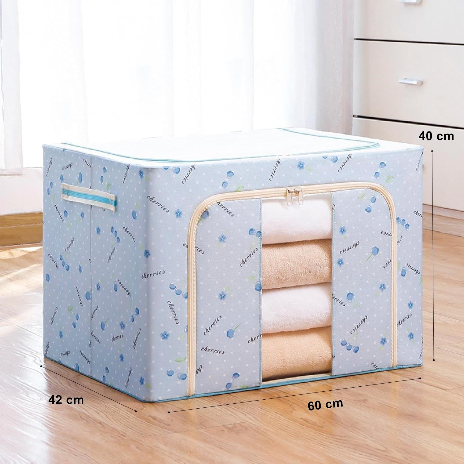 Cutie de Depozitare Pliabila, Flippy, 100 L, din Tesatura Oxford, 60x42x40 cm, Fereastra Frontala, 2 Usi de Acces cu Fermoar Bidirectional, Cadru Metalic, Suport Baza Stabil din Plastic, Imprimeu Cirese, Albastru-2