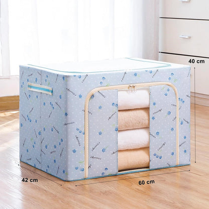Cutie de Depozitare Pliabila, Flippy, 100 L, din Tesatura Oxford, 60x42x40 cm, Fereastra Frontala, 2 Usi de Acces cu Fermoar Bidirectional, Cadru Metalic, Suport Baza Stabil din Plastic, Imprimeu Cirese, Albastru-2