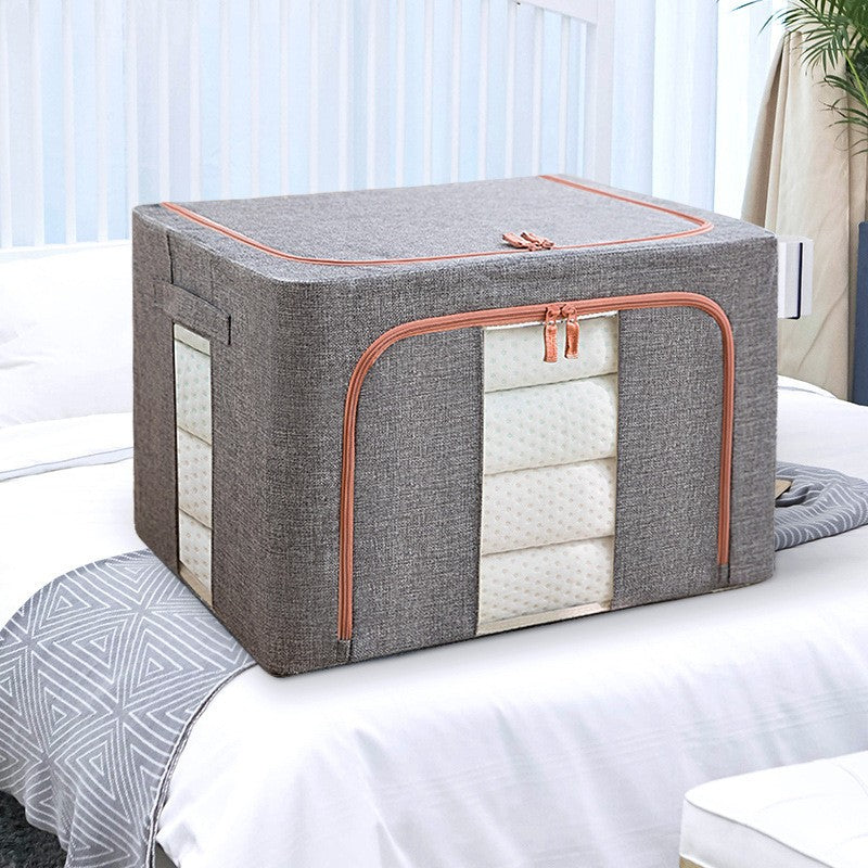Cutie de depozitare pliabila, Flippy, Cu fermoar, 100 L, Textil, 60x42x40 cm, Cadru Metalic, Suport Baza Stabil din Plastic, Gri, Cu doua ferestre-1