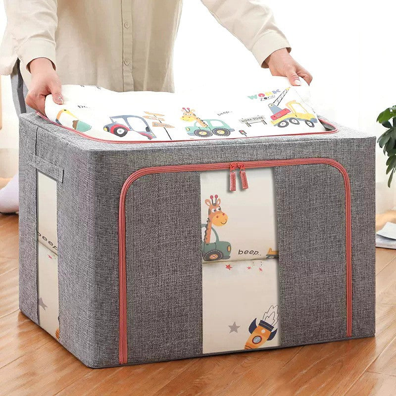 Cutie de depozitare pliabila, Flippy, Cu fermoar, 100 L, Textil, 60x42x40 cm, Cadru Metalic, Suport Baza Stabil din Plastic, Gri, Cu doua ferestre-2