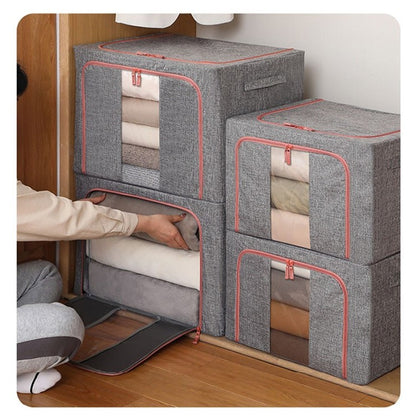 Cutie de depozitare pliabila, Flippy, Cu fermoar, 100 L, Textil, 60x42x40 cm, Cadru Metalic, Suport Baza Stabil din Plastic, Gri, Cu doua ferestre-3