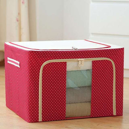 Cutie de Depozitare Pliabila, Flippy, cu Fermoar, 100 L, Textil, 60x42x40 cm, O Fereastra, Cadru Metalic, Suport Baza Stabil din Plastic, imprimeu punctat, Rosu, Resigilat-1
