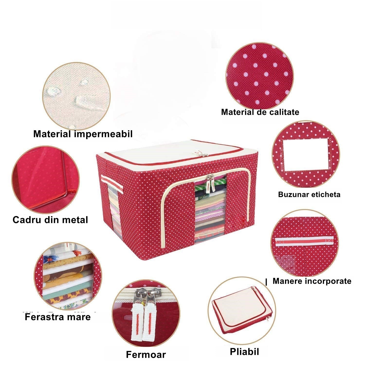 Cutie de Depozitare Pliabila, Flippy, cu Fermoar, 100 L, Textil, 60x42x40 cm, O Fereastra, Cadru Metalic, Suport Baza Stabil din Plastic, imprimeu punctat, Rosu, Resigilat-2