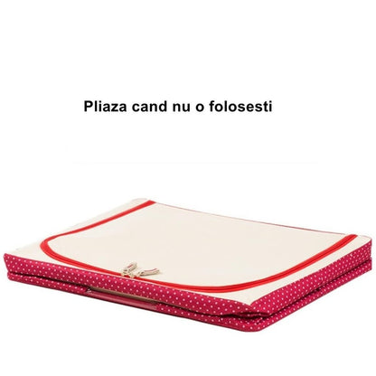Cutie de Depozitare Pliabila, Flippy, cu Fermoar, 100 L, Textil, 60x42x40 cm, O Fereastra, Cadru Metalic, Suport Baza Stabil din Plastic, imprimeu punctat, Rosu, Resigilat-4