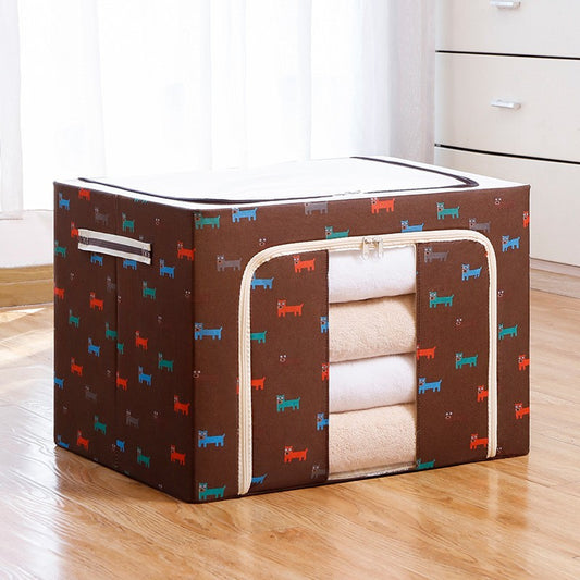 Cutie de Depozitare Pliabila, Flippy, cu Fermoar, 100 L, Textil, 60x42x40 cm, O Fereastra, Cadru Metalic, Suport Baza Stabil din Plastic, Imprimeu Catelusi, Maro-1