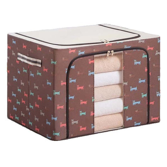 Cutie de Depozitare Pliabila, Flippy, cu Fermoar, 100 L, Textil, 60x42x40 cm, O Fereastra, Cadru Metalic, Suport Baza Stabil din Plastic, Imprimeu Catelusi, Maro-0