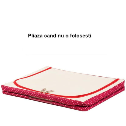 Cutie de Depozitare Pliabila, Flippy, cu Fermoar, 100 L, Textil, 60x42x40 cm, O Fereastra, Cadru Metalic, Suport Baza Stabil din Plastic, imprimeu punctat, Rosu-1