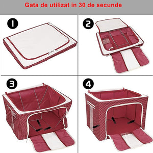 Cutie de Depozitare Pliabila, Flippy, cu Fermoar, 100 L, Textil, 60x42x40 cm, O Fereastra, Cadru Metalic, Suport Baza Stabil din Plastic, imprimeu punctat, Rosu-0