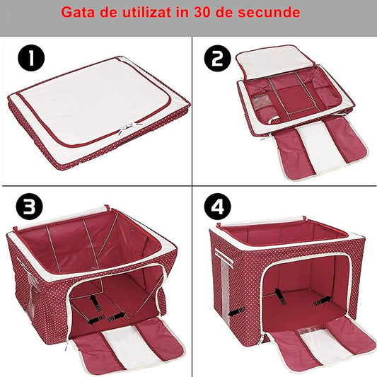 Cutie de Depozitare Pliabila, Flippy, cu Fermoar, 100 L, Textil, 60x42x40 cm, O Fereastra, Cadru Metalic, Suport Baza Stabil din Plastic, imprimeu punctat, Rosu-0