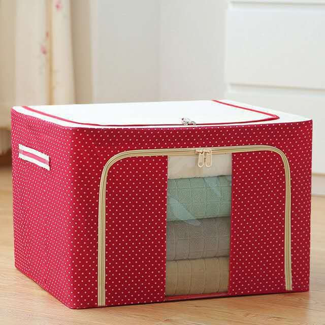 Cutie de Depozitare Pliabila, Flippy, cu Fermoar, 100 L, Textil, 60x42x40 cm, O Fereastra, Cadru Metalic, Suport Baza Stabil din Plastic, imprimeu punctat, Rosu-4