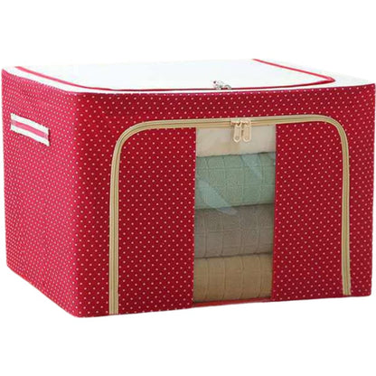 Cutie de Depozitare Pliabila, Flippy, cu Fermoar, 100 L, Textil, 60x42x40 cm, O Fereastra, Cadru Metalic, Suport Baza Stabil din Plastic, imprimeu punctat, Rosu-2