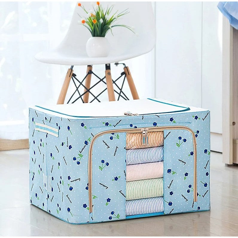 Cutie de Depozitare Pliabila, Flippy, 24 L, Panza Oxford, 40x30x20 cm, Fereastra Frontala, 2 Usi de Acces cu Fermoar Bidirectional, Cadru Metalic, Suport Baza Stabil din Plastic, Imprimeu cirese, Albastru-0