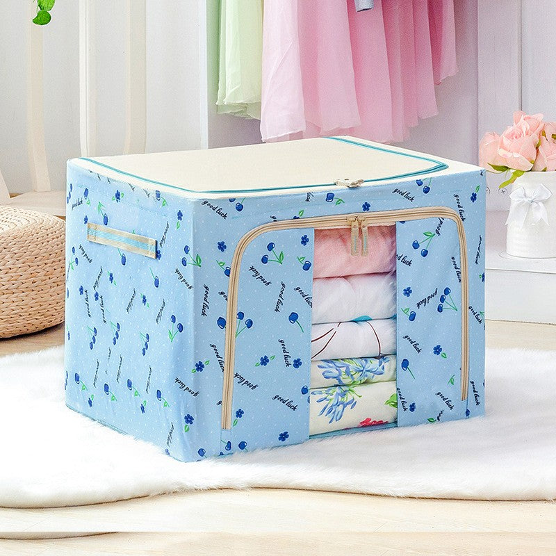 Cutie de Depozitare Pliabila, Flippy, 24 L, Panza Oxford, 40x30x20 cm, Fereastra Frontala, 2 Usi de Acces cu Fermoar Bidirectional, Cadru Metalic, Suport Baza Stabil din Plastic, Imprimeu cirese, Albastru-1